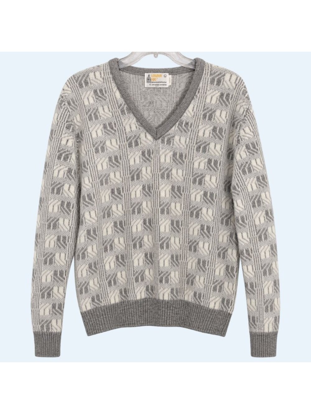 Vintage London Fog Mens L Gray White Geometric V Neck Wool Blend Knit Sweater